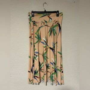 Boho Tropical Print Maxi Skirt Stretchy Waist Flowy Summer Resort Beige Green